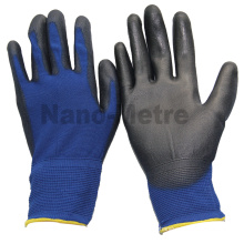 NMSAFETY 18 calibre de punto azul marino poliéster liner recubierto pu negro en guantes de palma para la industria ligera